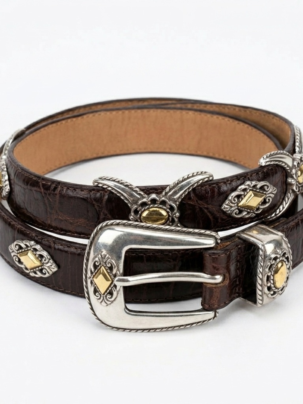 Brighton Brown Leather Concho Belt 32 Croc Embossed Western Southwestern